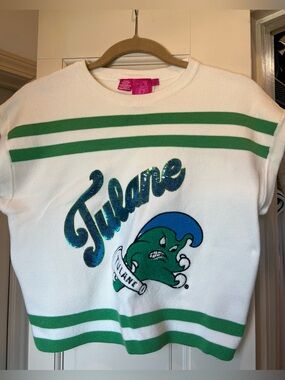 QUEEN OF SPARKLES White Sweater with Green Stripes & Blue-Green Tulane Graphic